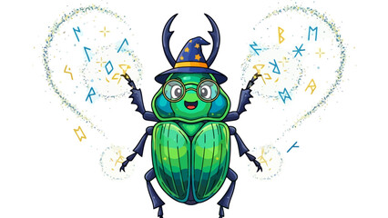 Obraz premium Funny Cartoon Beetle Wizard with Magic Spell and Runes