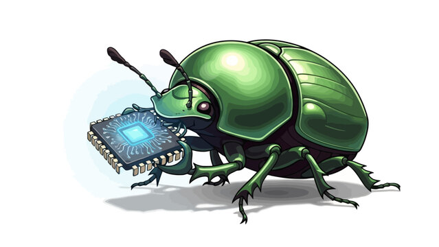 Green Beetle Holding a Glowing Microchip, Concept of Digital Insect & Technology