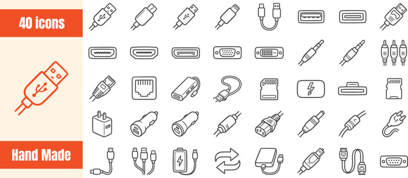Technology Connectivity Icons Set USB HDMI Ethernet Adapters Chargers For Digital Device Communication Concepts