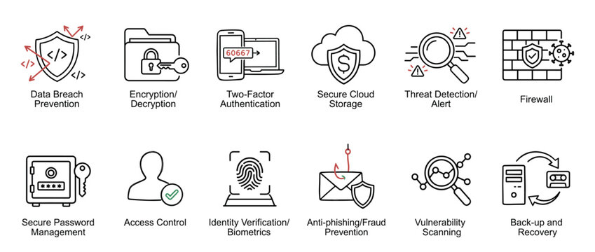 Cybersecurity line icon set illustrating data protection concepts like encryption, firewall, two-factor authentication, and biometrics in a minimalist black and red style