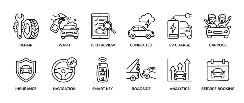 Set of twelve car service icons in a minimalist line art style illustrating repair, wash, tech review, connected car, EV charging, carpool, insurance, navigation, and smart key