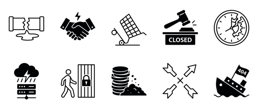 Set of black glyph icons representing business failure, financial crisis, and operational problems like broken pipes, server crashes, and legal issues in a simple silhouette style