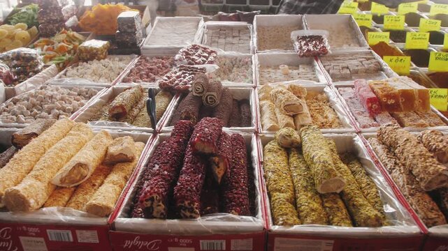 Turkish Delight and Traditional Sweets Displayed at Market Confectionery Stall