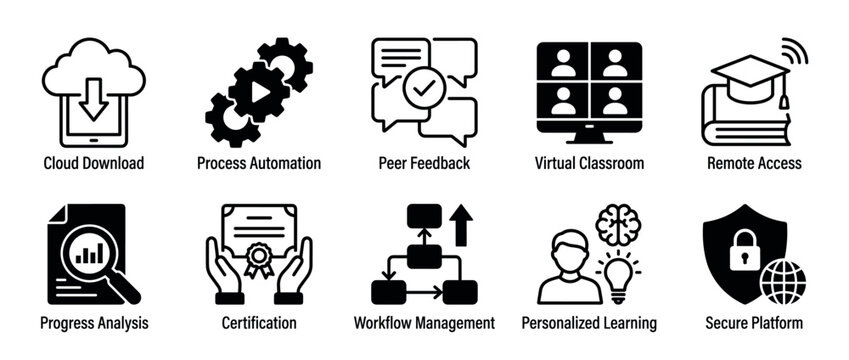 Set of ten black icons representing business, technology, and education concepts like workflow management, virtual classroom, and secure platform in a clean glyph style