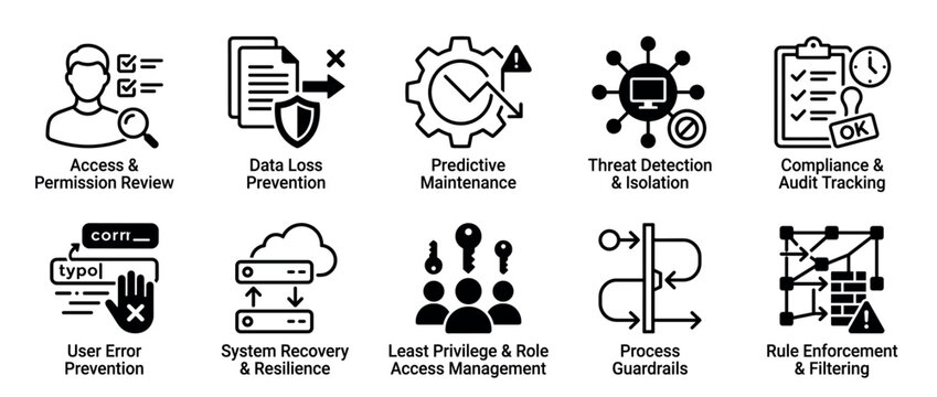 Ten black glyph icons representing cybersecurity concepts like data loss prevention, threat detection, compliance, and access management in a clean, minimalist vector style