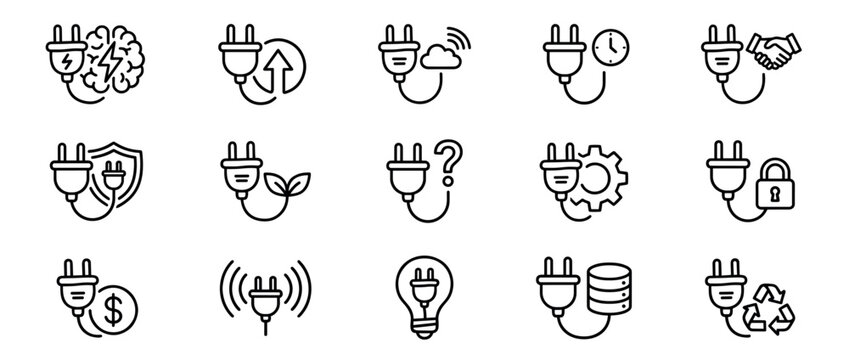 Set of black line art icons featuring an electric plug combined with various symbols to represent concepts like green energy, technology, connectivity, and power management
