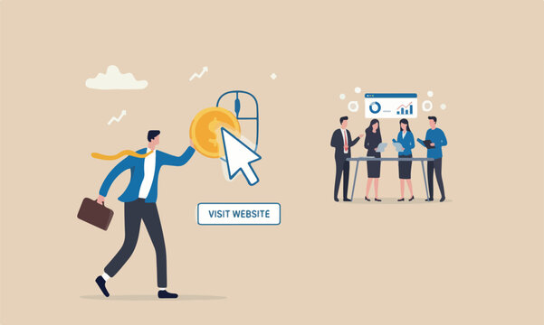 Paid together marketing campaign pay for online ads for users to visit website concept, businessman marketer push money coin into mouse pointer to click to website