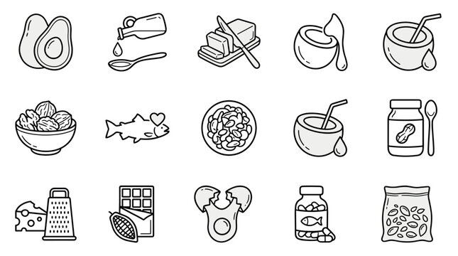 Healthy fat food sources icon set in a minimalist black and white line art style, showing avocado, olive oil, nuts, fish, seeds, and other ketogenic diet ingredients