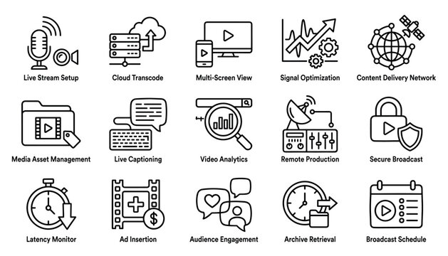Set of black line icons representing video streaming and broadcasting technology, including symbols for live setup, cloud transcode, CDN, media management, and audience engagement