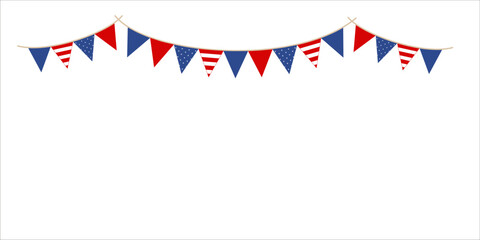 Fototapeta premium USA patriotic seamless bunting garland border, American flag hanging pennants repeat ribbon for 4th of July banner.