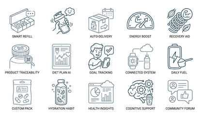 Fototapeta premium Set of health, fitness, and nutrition icons in a minimalist line art style, illustrating concepts like smart refill, diet plan AI, goal tracking, cognitive support, and product traceability