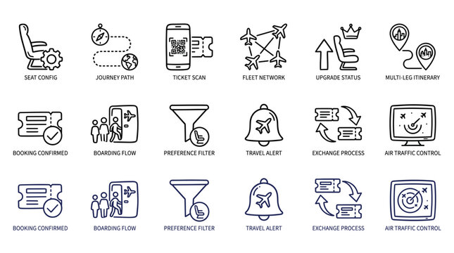 Set of air travel and aviation icons in two hand-drawn line art styles showing flight booking, boarding, ticket scanning, and air traffic control concepts for UI design