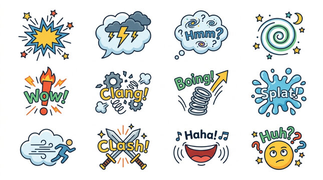 Collection of comic book style sound effects and speech bubbles.