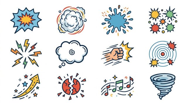 Collection of Comic Book Style Sound Effects and Symbols.