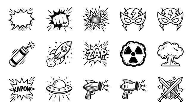 Collection of comic book style graphic elements and symbols.