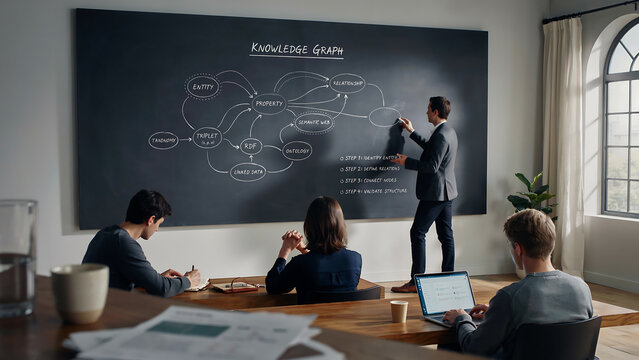 Knowledge graph. Visualization of semantic network structure. Organizing relationships between data and information. Consultant teaching how to draw diagram on blackboard.