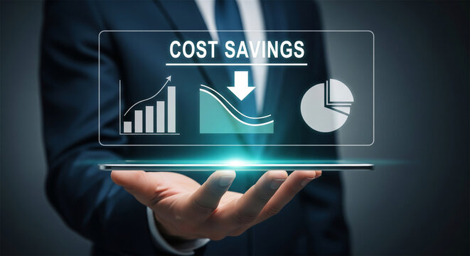 Cost savings business concept, financial analyst holding digital tablet with data charts, corporate budget reduction and profit growth strategy
