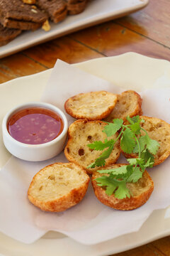 Basreng or baso goreng or fried meat ball with chili sauce.