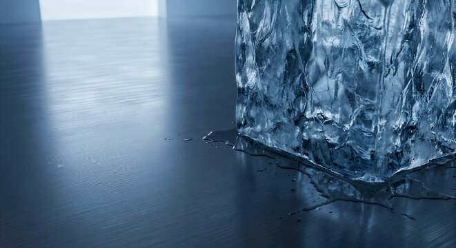 Melting Glacial Ice Block on Dark Industrial Steel Floor with Copy Space