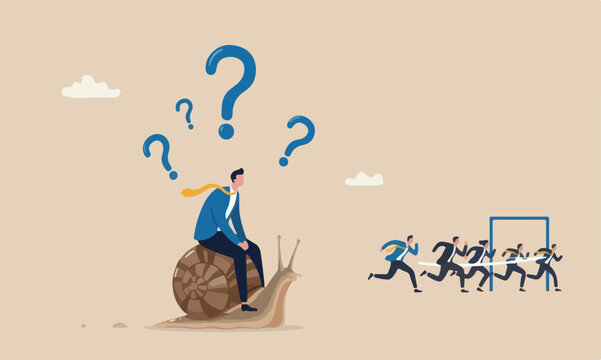 Slow,meeting businessman idiot leader riding slow snail never reach goal, losing competition