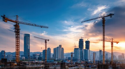 Fototapeta premium Modern cityscape with multiple construction cranes against a sunset sky