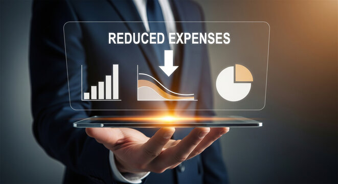 Reduced expenses business concept, businessman holding digital tablet with financial cost reduction charts, corporate budget optimization