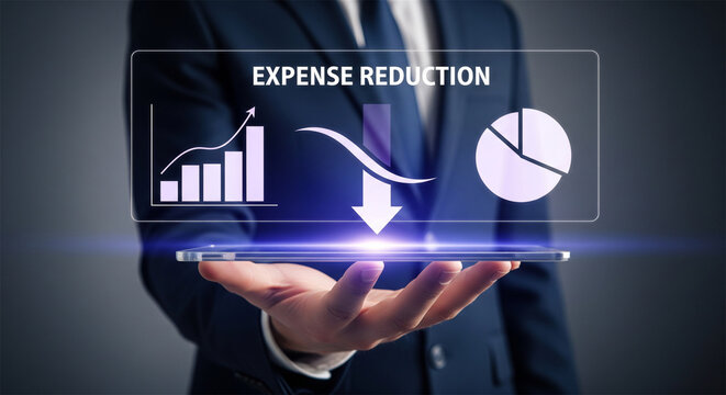 Expense reduction business concept, financial cost cutting strategy, businessman holding digital tablet with data charts and downward arrow
