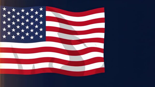 American flag waving 2D flat illustration animation loop on navy background, bold mid-century modern graphic style, Independence Day July 4, USA patriotic copy space