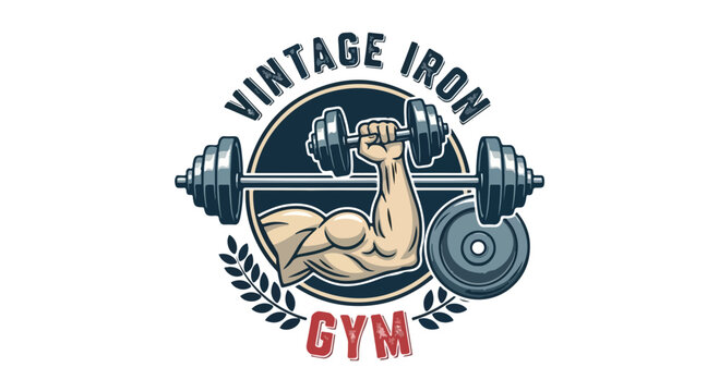 Logo of a vintage gym with a flexing muscular arm holding a dumbbell, surrounded by laurel leaves and a weight plate.