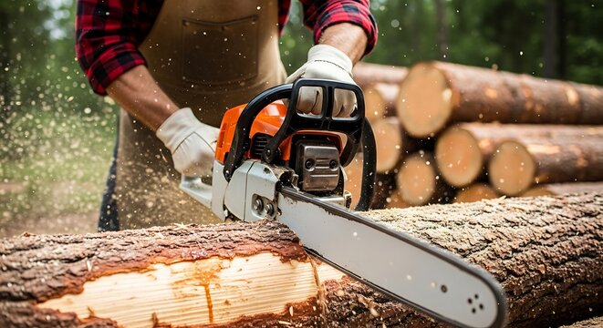 Worker cutting a log with a chainsaw and flying sawdust