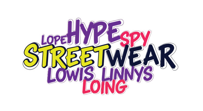 Colorful graffiti-style text arrangement of streetwear brand names on a white background with bold typography.