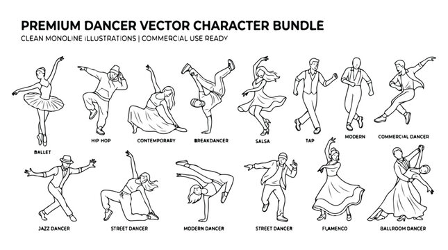 Premium dancer vector character bundle, clean monoline illustrations of ballet and hip hop performers, 14 professional dance style icons for design