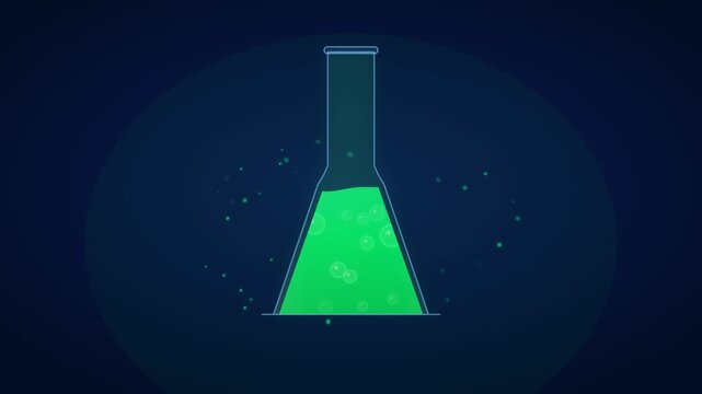 A generic outline of a science laboratory beaker or Erlenmeyer flask filling with a vibrant green chemical liquid, producing rising bubbles and glowing particles on a dark blue gradient background.