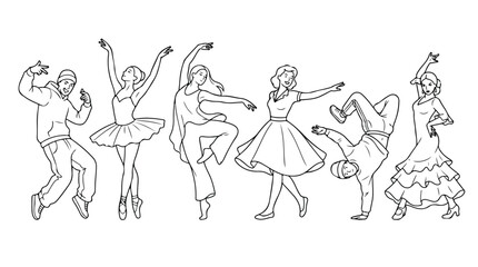 Minimalist line art dancers set, diverse dance styles vector collection, hand drawn ballet and hip hop performers, elegant black and white sketch © hum lab