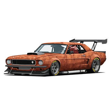 Classic muscle car with racing modifications isolated on white