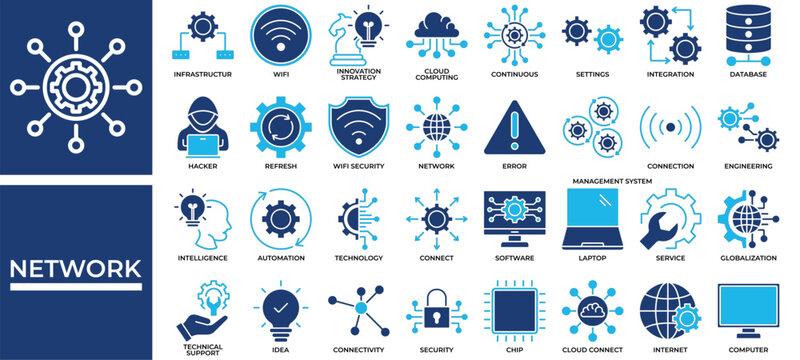 Network icon set collection. Containing thought, trust, operation, transfer, database, computing, intelligence .Solid vector icons collection