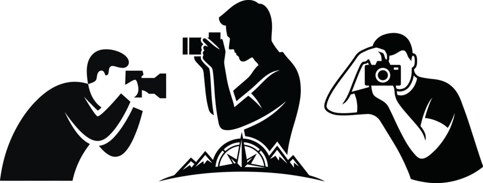 Set of silhouettes of photographers taking pictures with cameras and mountain compass