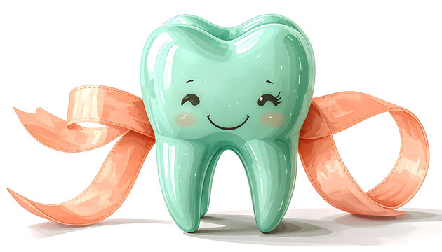 Cute smiling tooth with a ribbon bow, dental health concept, healthy enamel, happy smile, pediatric dentistry