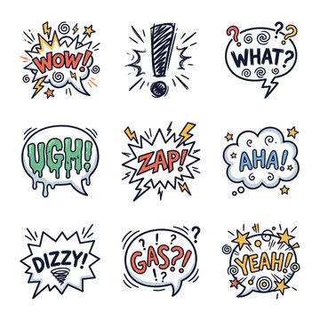 Collection of Comic Book Style Speech Bubbles with Exclamations.