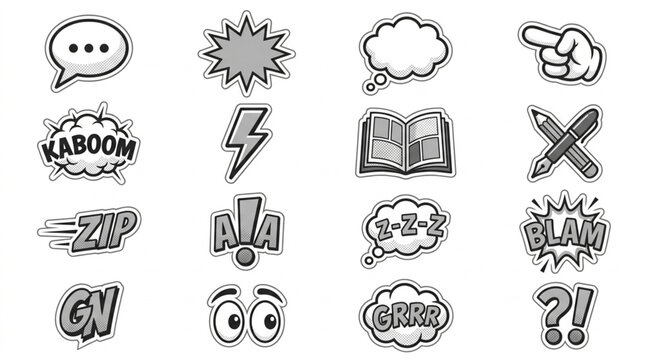 Collection of comic book style speech bubbles and sound effects.