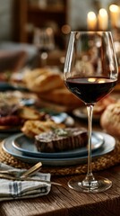 Fototapeta premium Elegant dinner setting with a glass of red wine and a gourmet steak centerpiece