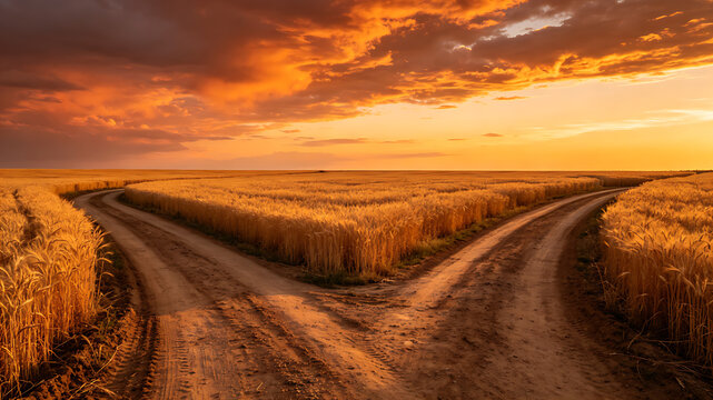 wheat. A forked dirt road through golden wheat fields under a dramatic sunset sky. inspiring travel planning, travel magazines, designed for travel destination branding.