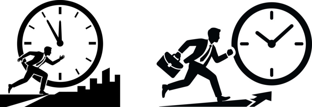 Businessman running with a briefcase and a clock showing deadline and time pressure