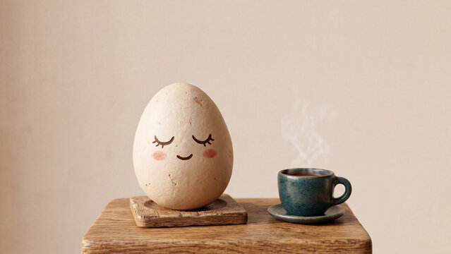 Cute egg character with a sleepy face and blush next to a steaming cup of coffee.