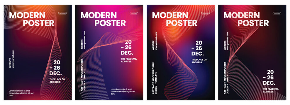 Creative event poster templates set featuring vibrant gradient backgrounds with flowing wave lines and modern typography for professional marketing projects