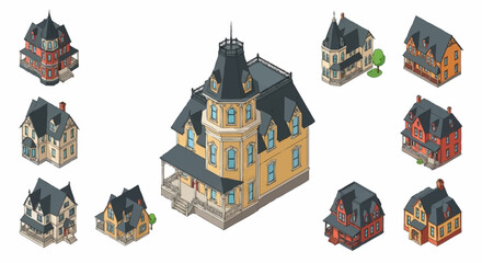 Collection of isometric Victorian houses with different architectural styles and colors, set against a white background. © agussssss