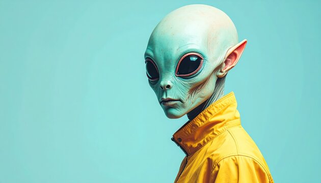 Intriguing Portrait of an Alien Being with Large Eyes and Yellow Attire.