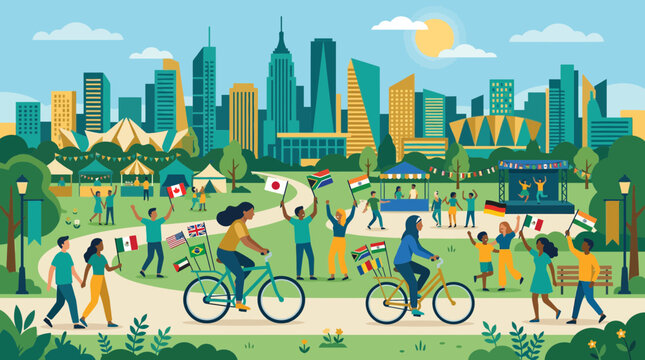 Diverse people celebrating diversity in a park with flags, bikes, and city skyline