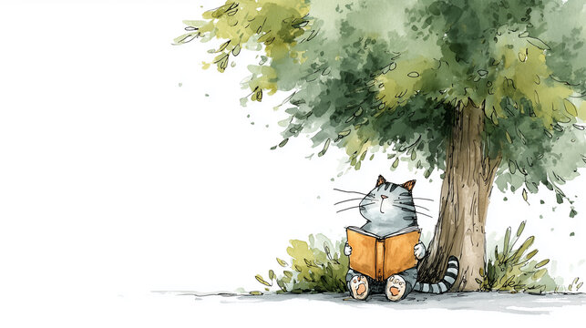 Whimsical watercolor illustration of a cute tabby cat sitting under a large tree and reading an orange book in a peaceful garden setting.