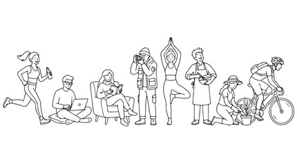 Obraz premium Minimalist line art people collection, diverse characters engaged in lifestyle hobbies and daily activities, black and white vector set